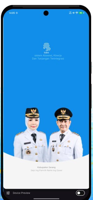 Tampilan pembuka aplikasi SAKTI Kabupaten Serang — Sistem Absensi, Kinerja dan Tunjangan Terintegrasi