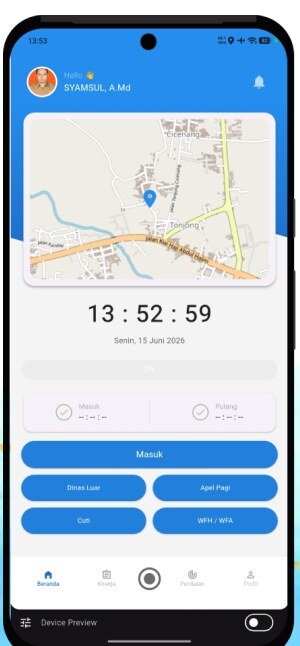 Menu absensi SAKTI: Masuk, Pulang, Dinas Luar, Cuti dan WFH dengan peta lokasi GPS